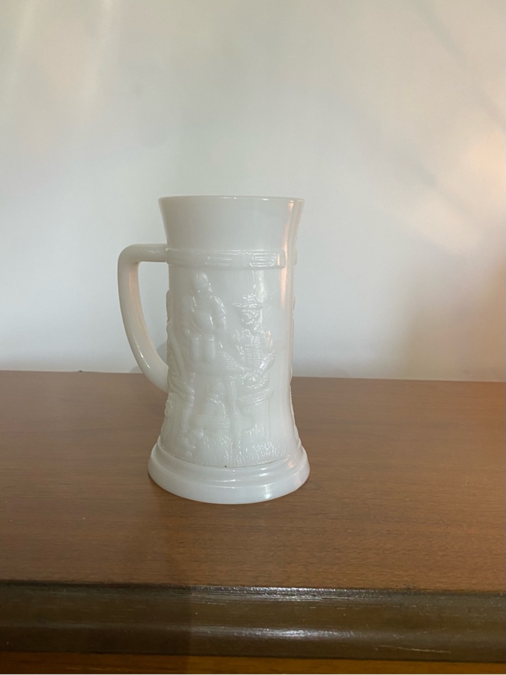 Vintage Federal Milk Glass Beer Stein Mug - Embossed Tavern Pub Scene